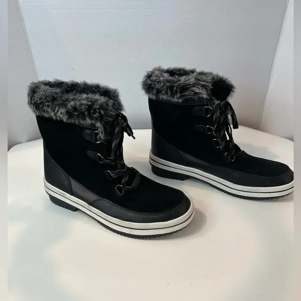 NEW Amazon Essentials Mid‎ Calf Snow Winter Black White Faux Fur Trim Boots 11